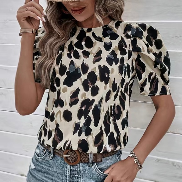 Passion of Essence Tops - All Over Print Crew Neck Blouse, Casual Puff Sleeve Blouse